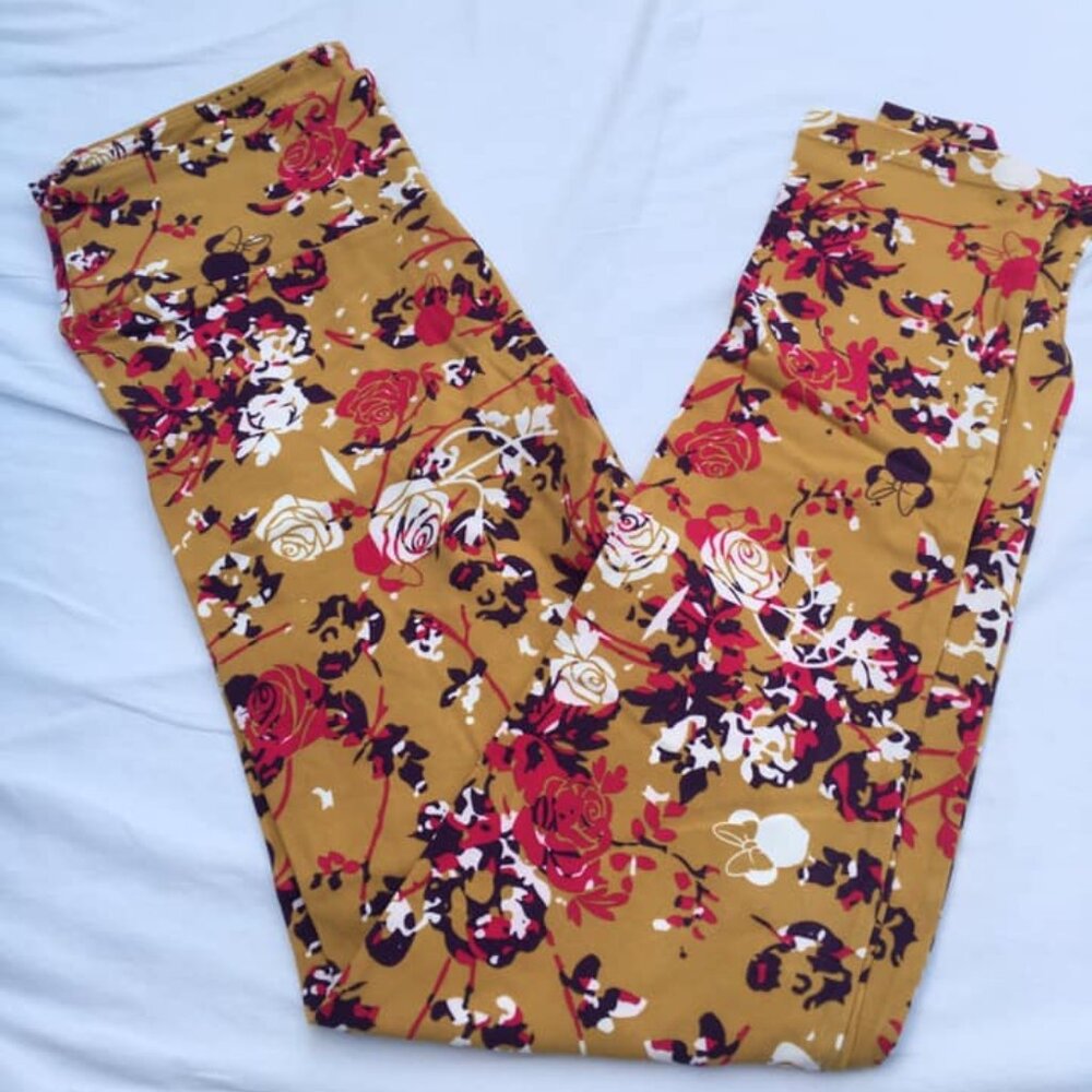 Disney OS One Size Leggings LulaRoe Floral Roses Hidden Mickey Minnie Yellow